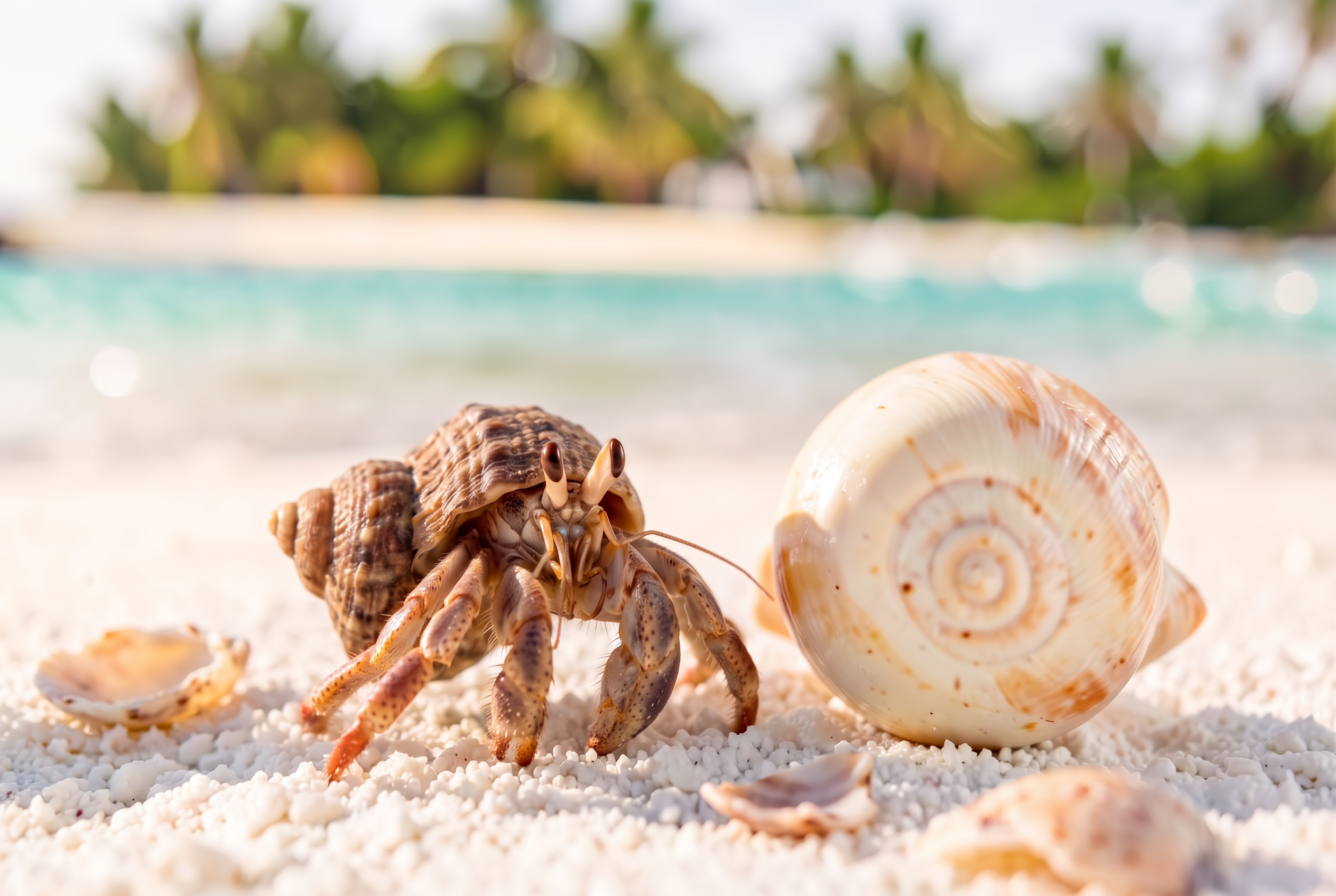 A hermit crab beside an empty shell on a white Maldives beach
