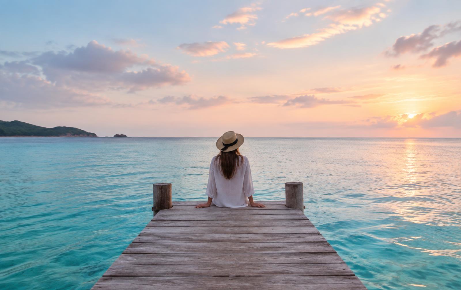 A woman sitting peacefully on a wooden pier looking out at calm turquoise water